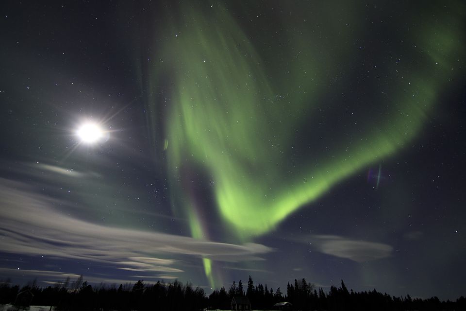 Das Nordlicht tanzt über den mondhellen Nachthimmel 